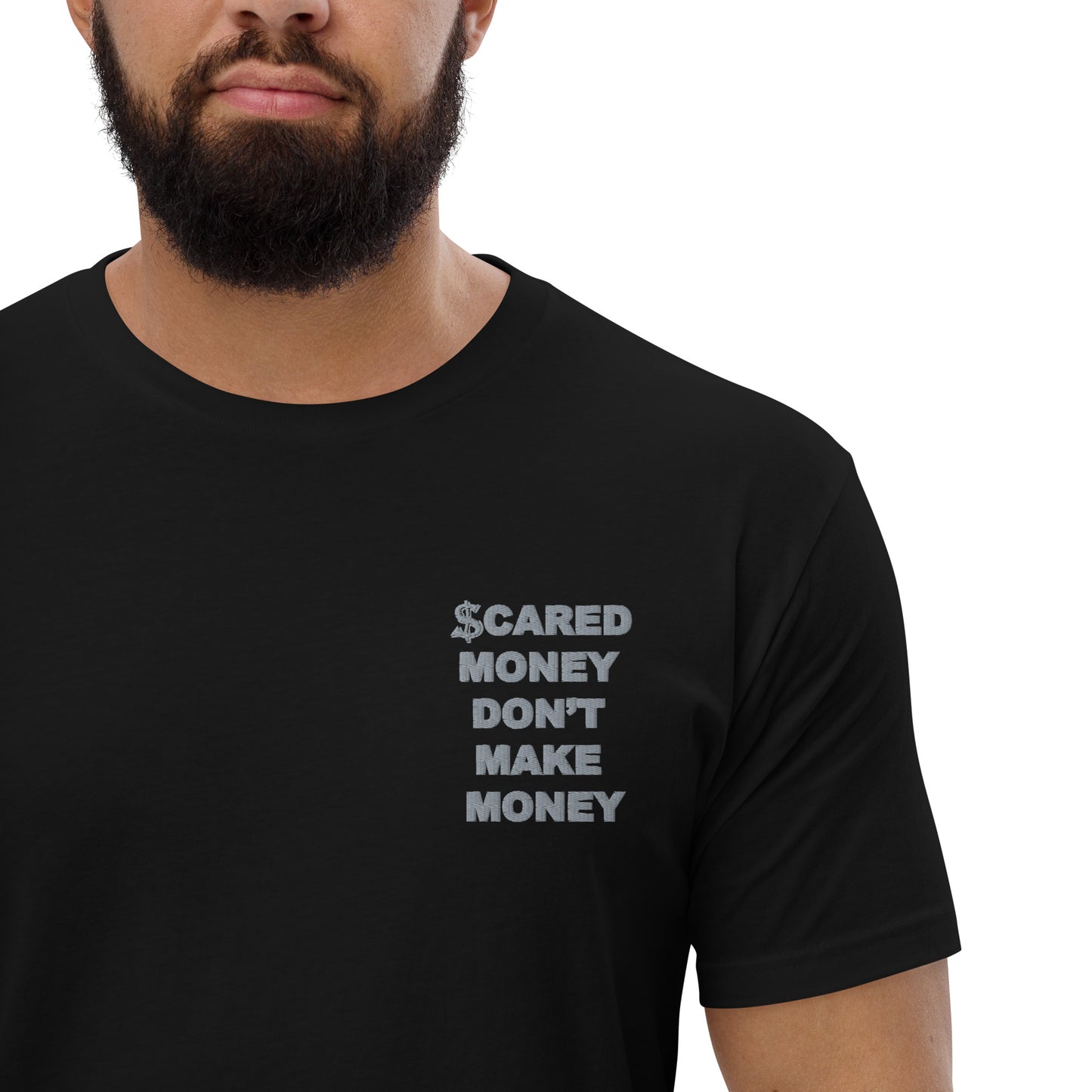 Scared Money Embroidered Form Fitting Short Sleeve T-shirt