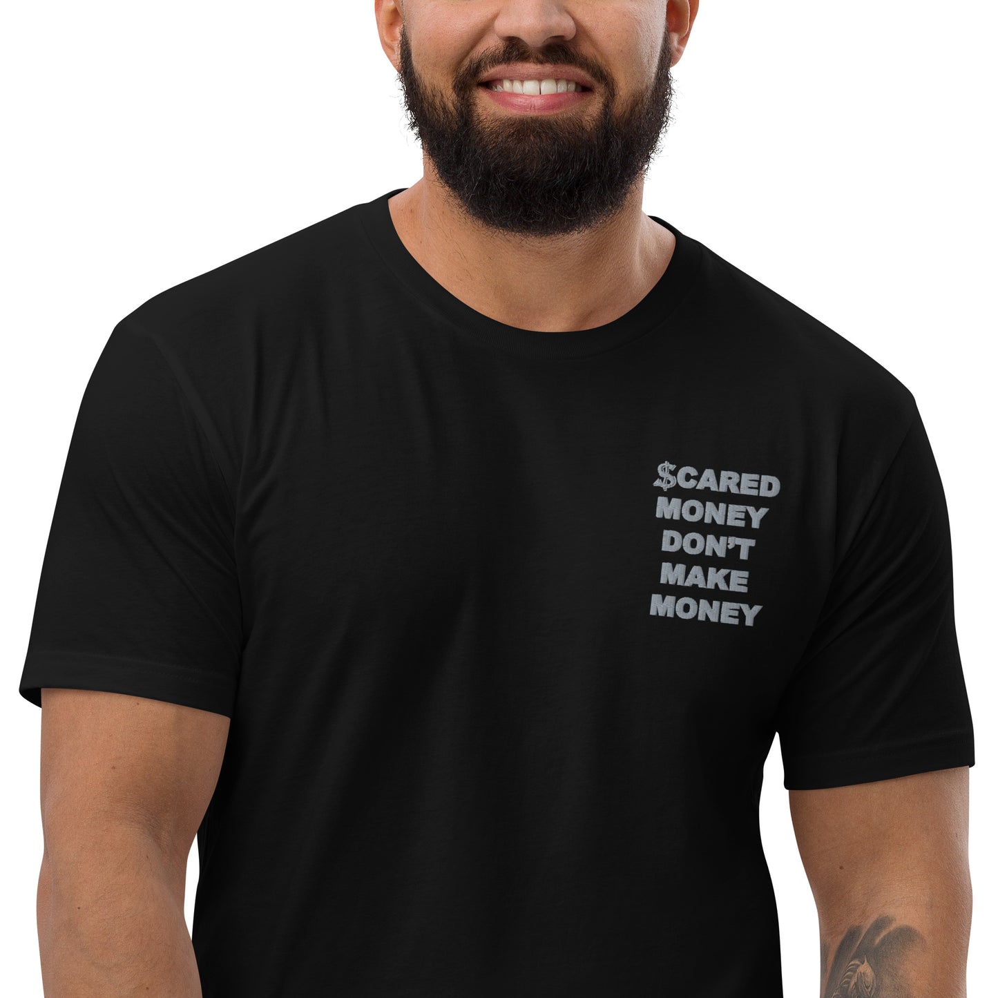 Scared Money Embroidered Form Fitting Short Sleeve T-shirt