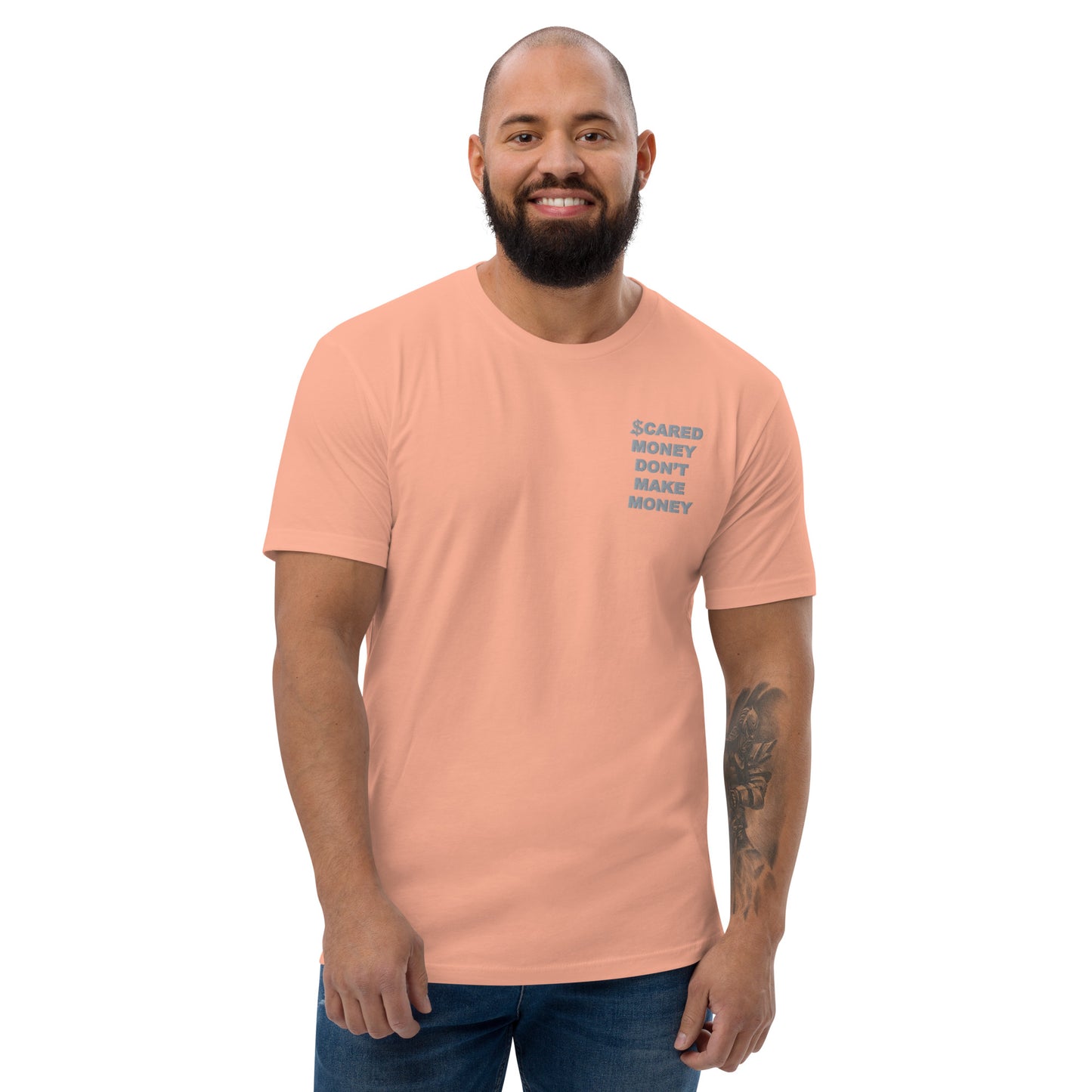 Scared Money Embroidered Form Fitting Short Sleeve T-shirt
