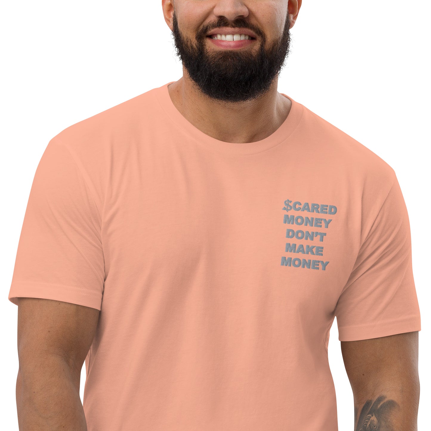 Scared Money Embroidered Form Fitting Short Sleeve T-shirt