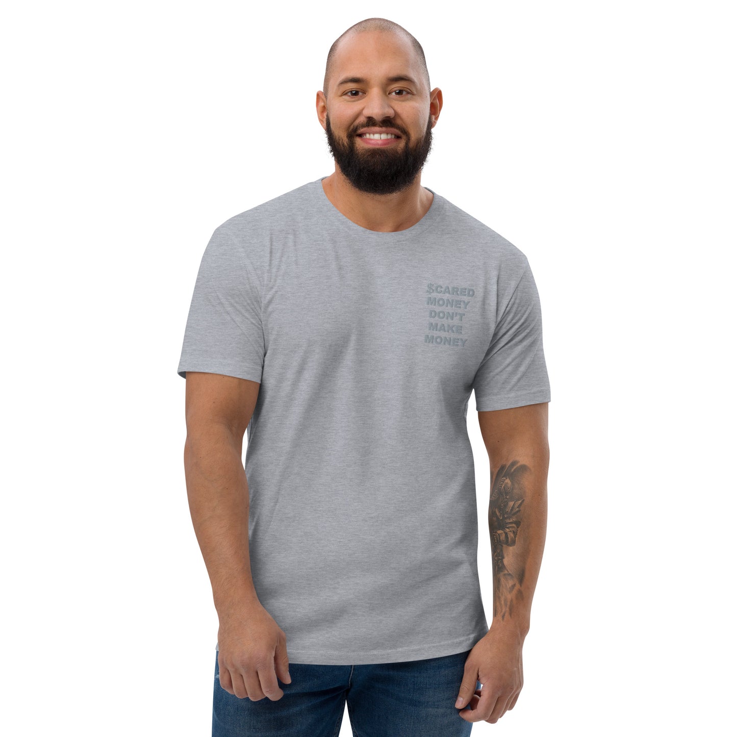 Scared Money Embroidered Form Fitting Short Sleeve T-shirt