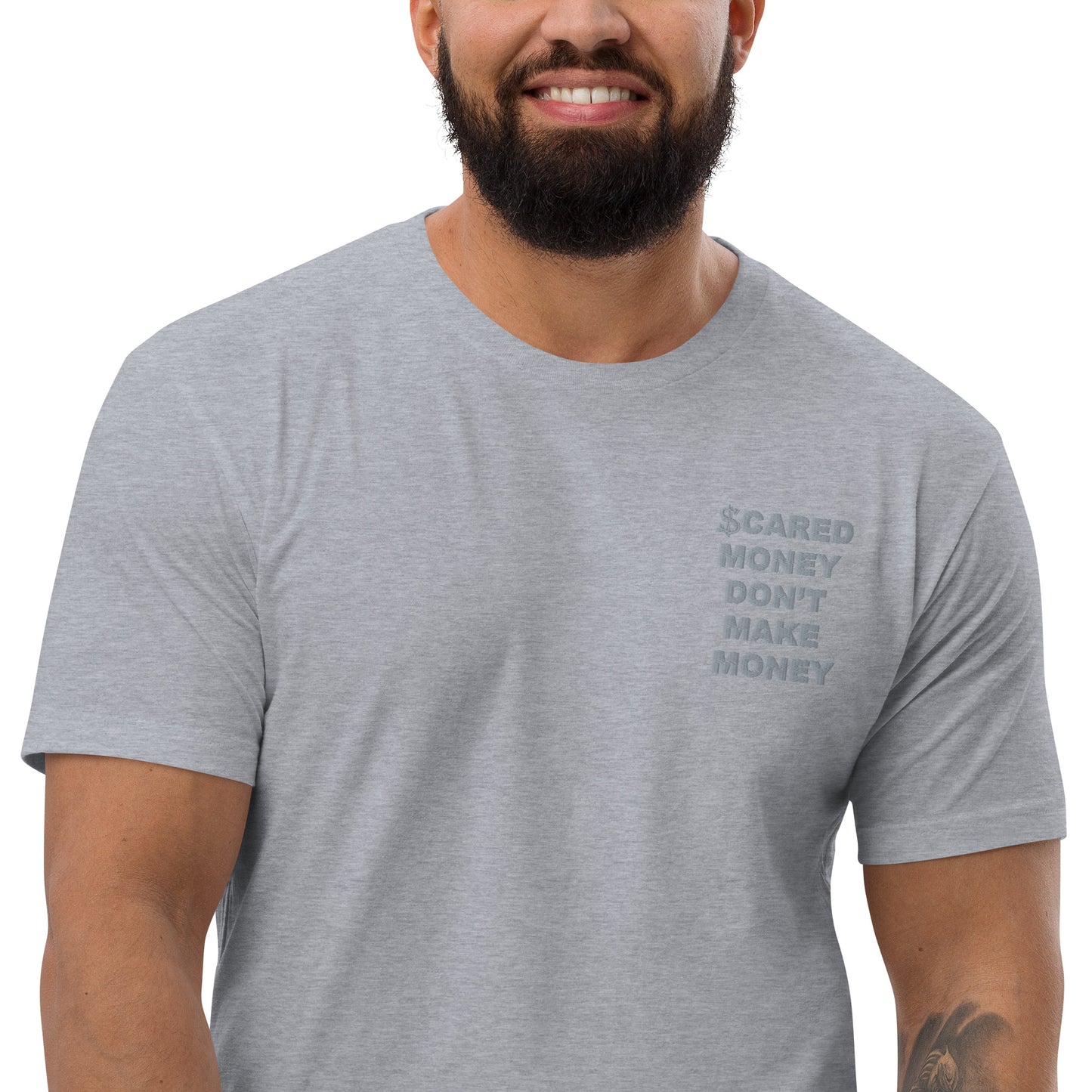 Scared Money Embroidered Form Fitting Short Sleeve T-shirt