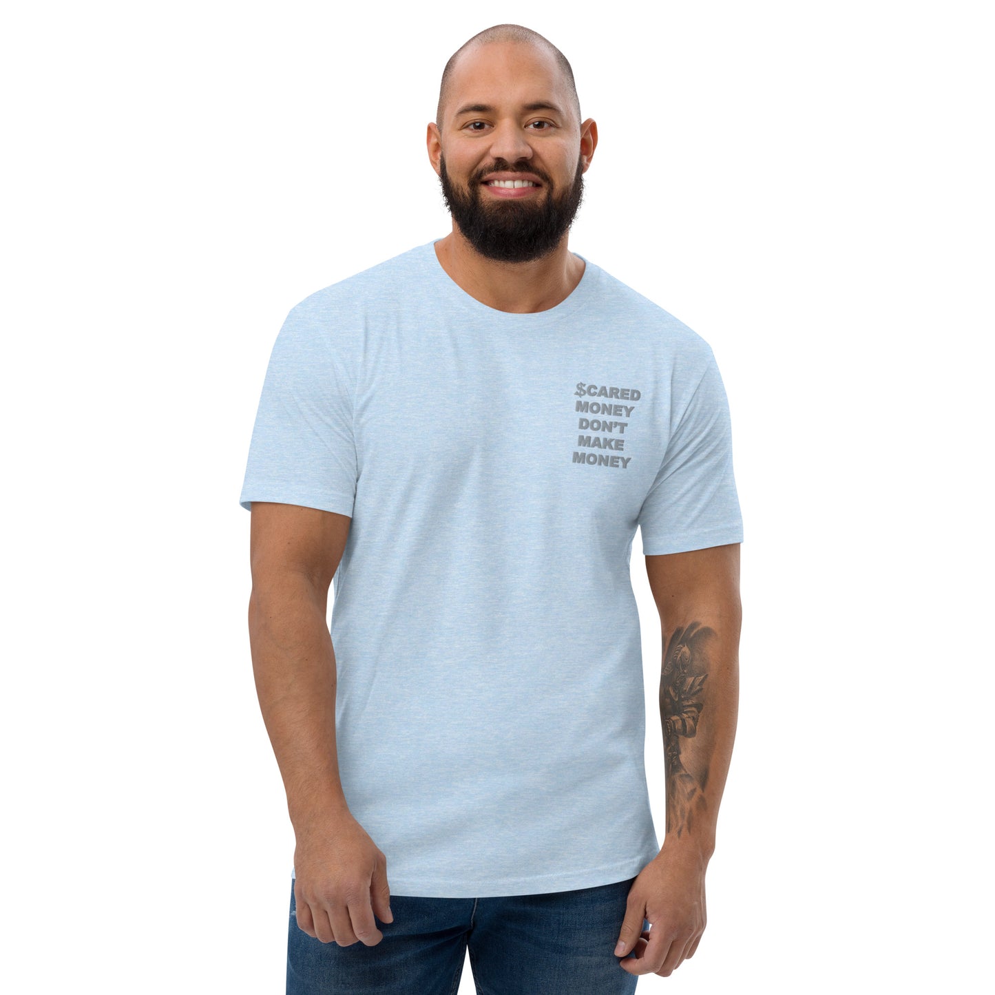Scared Money Embroidered Form Fitting Short Sleeve T-shirt