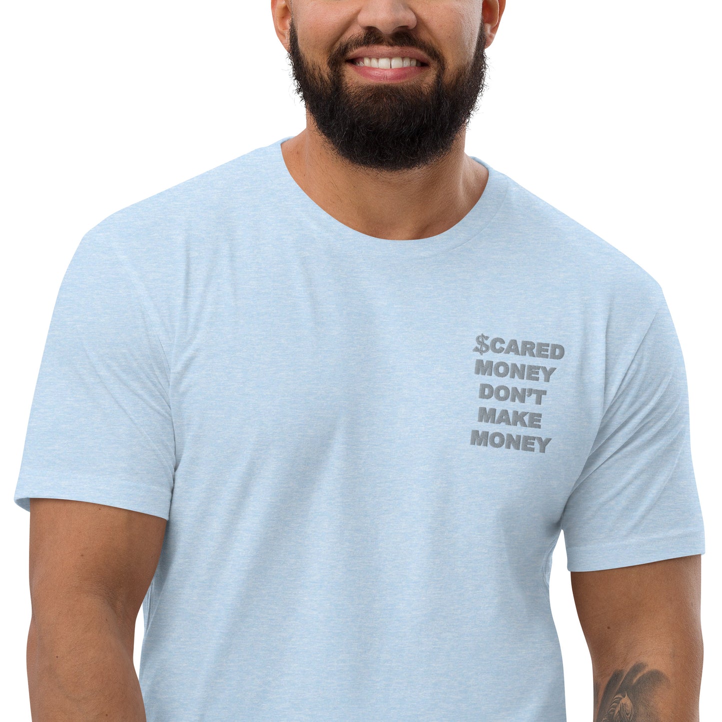 Scared Money Embroidered Form Fitting Short Sleeve T-shirt
