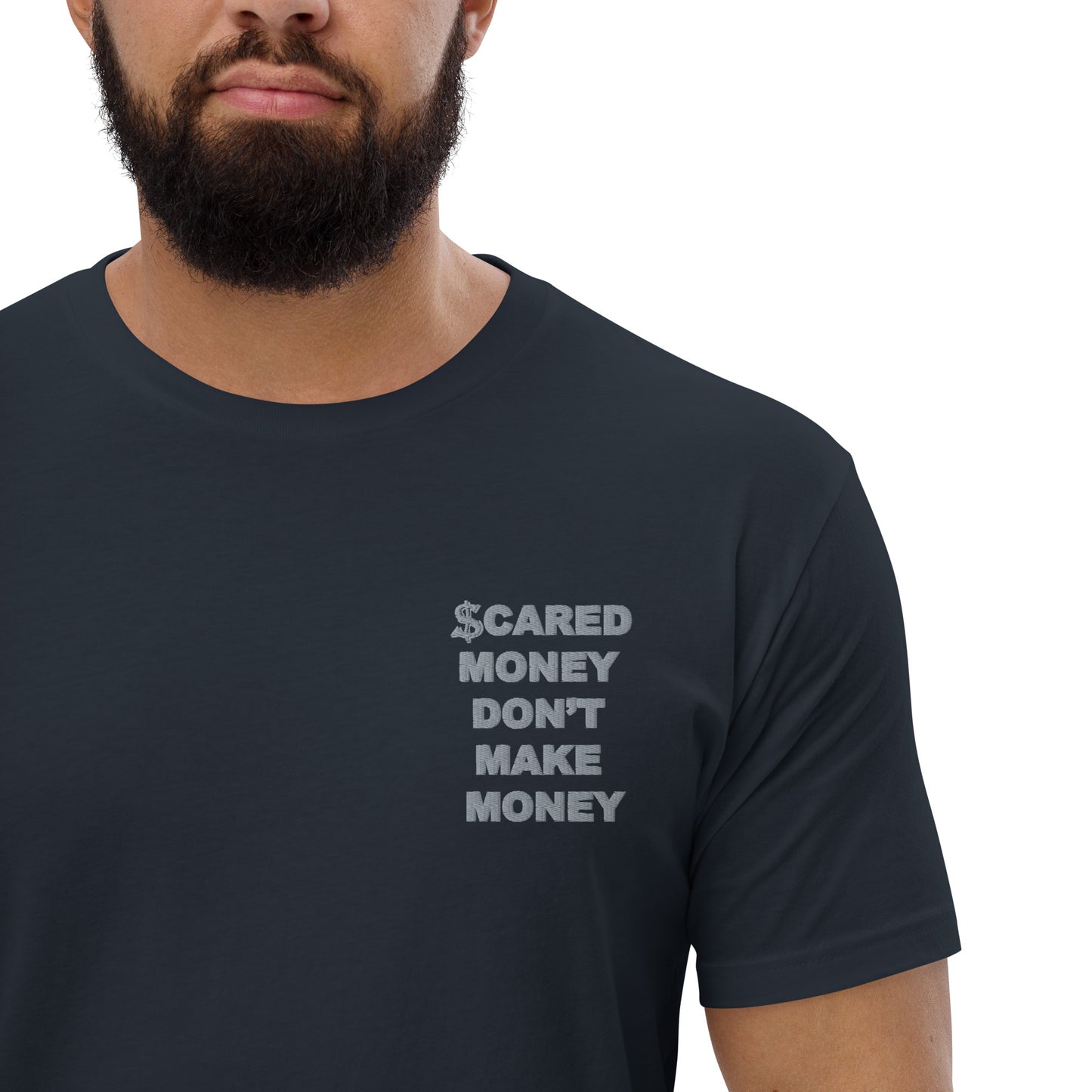 Scared Money Embroidered Form Fitting Short Sleeve T-shirt