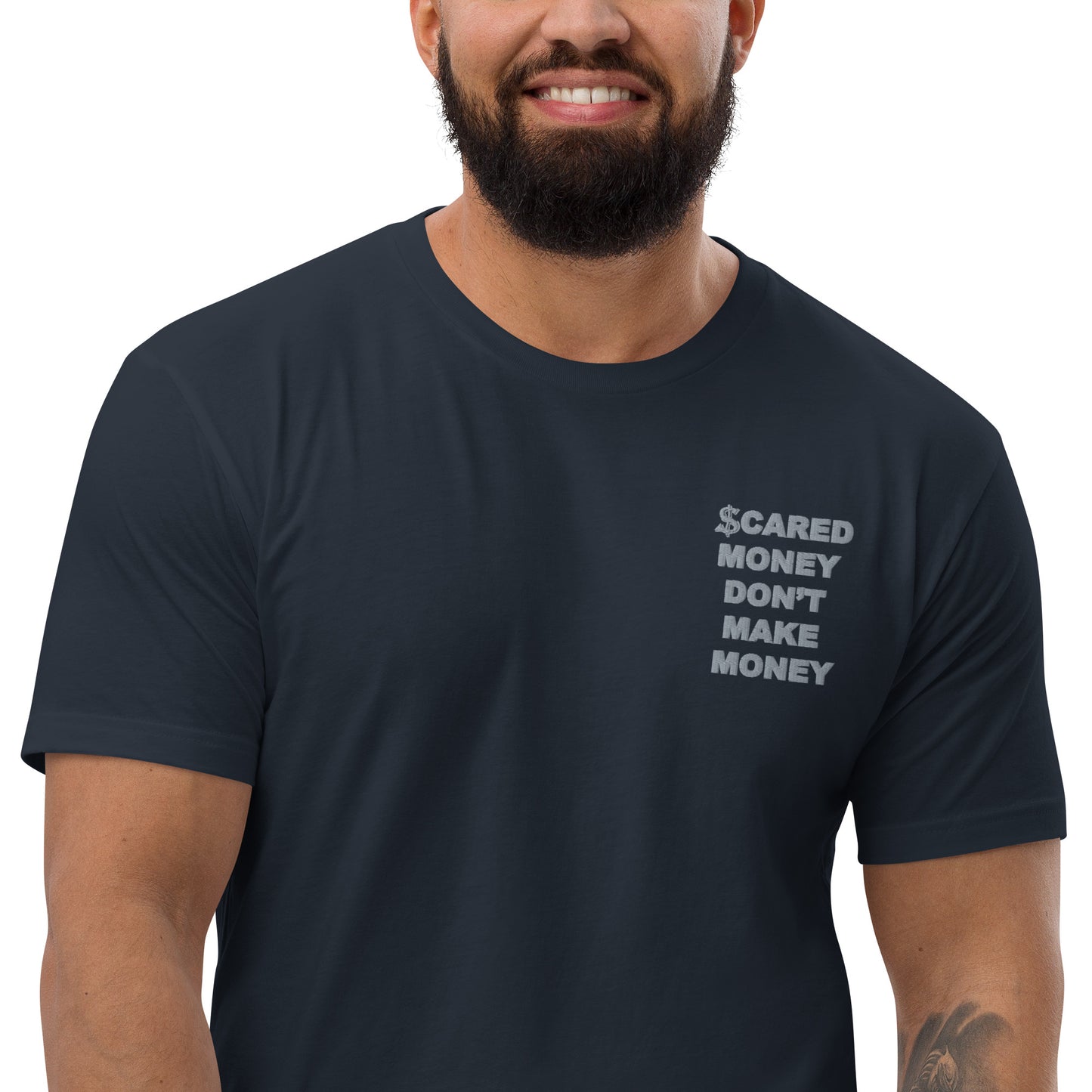 Scared Money Embroidered Form Fitting Short Sleeve T-shirt