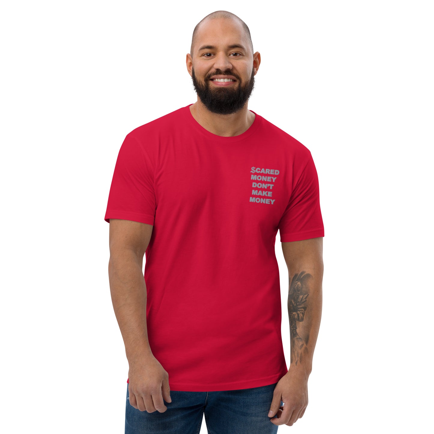 Scared Money Embroidered Form Fitting Short Sleeve T-shirt