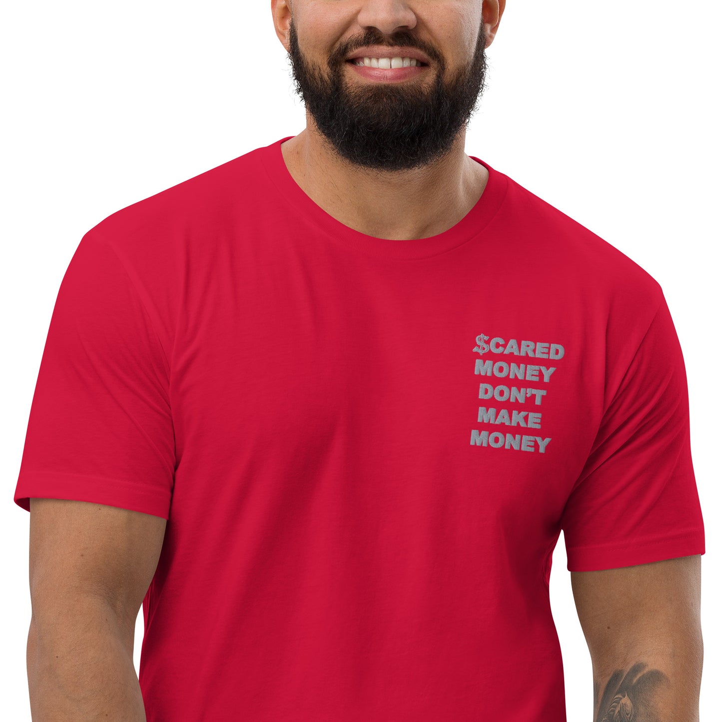 Scared Money Embroidered Form Fitting Short Sleeve T-shirt