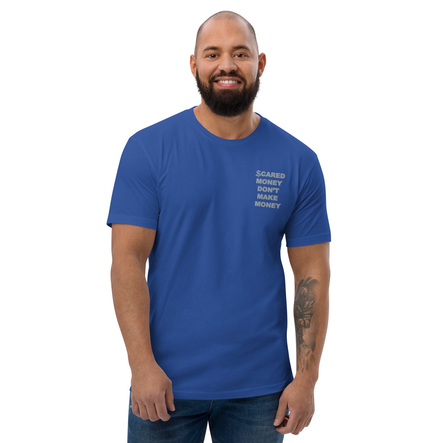 Scared Money Embroidered Form Fitting Short Sleeve T-shirt
