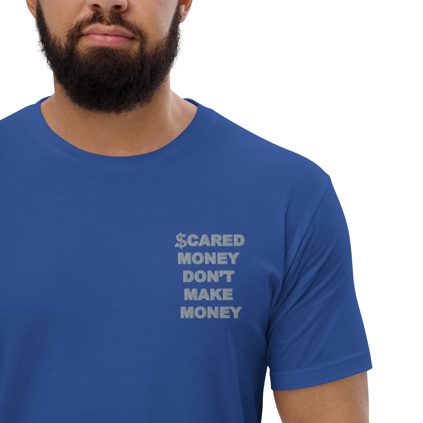 Scared Money Embroidered Form Fitting Short Sleeve T-shirt