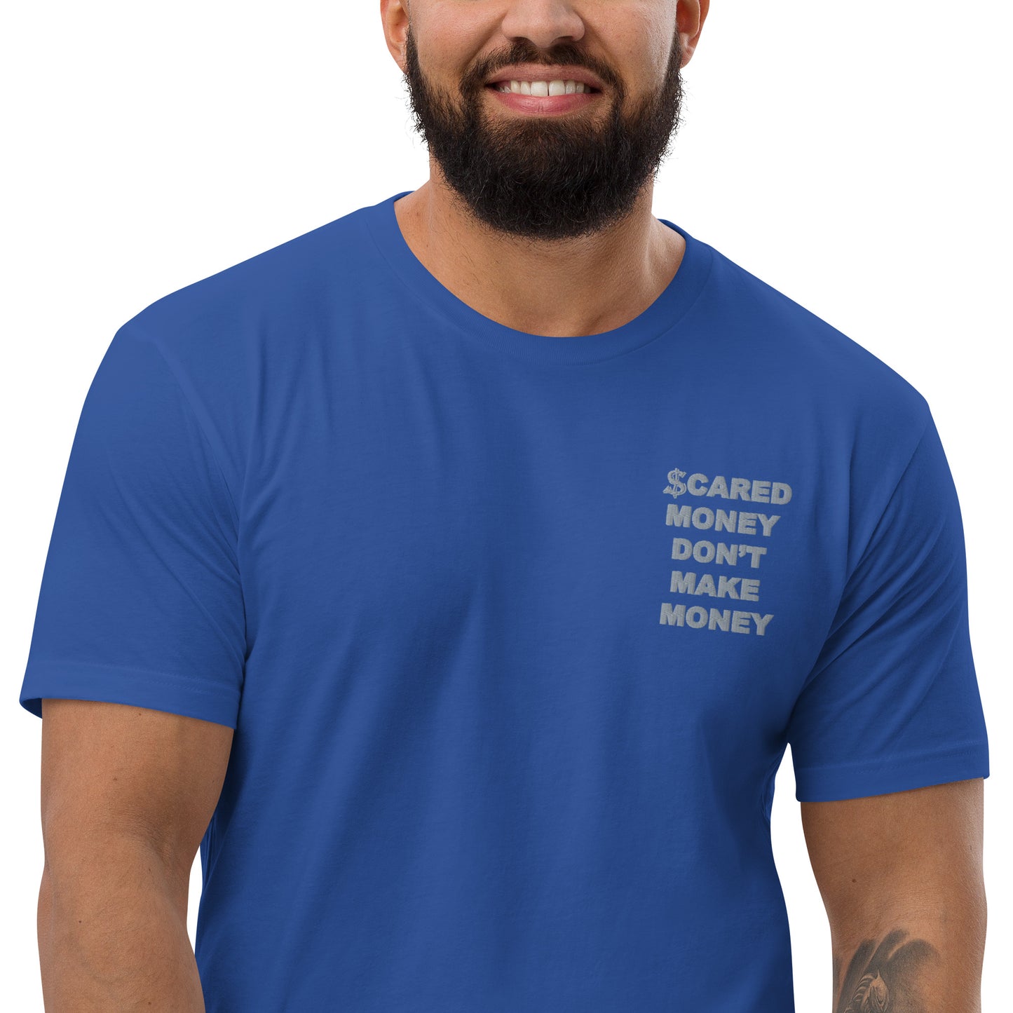 Scared Money Embroidered Form Fitting Short Sleeve T-shirt