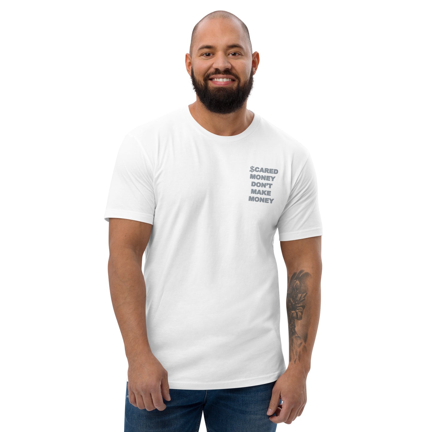 Scared Money Embroidered Form Fitting Short Sleeve T-shirt