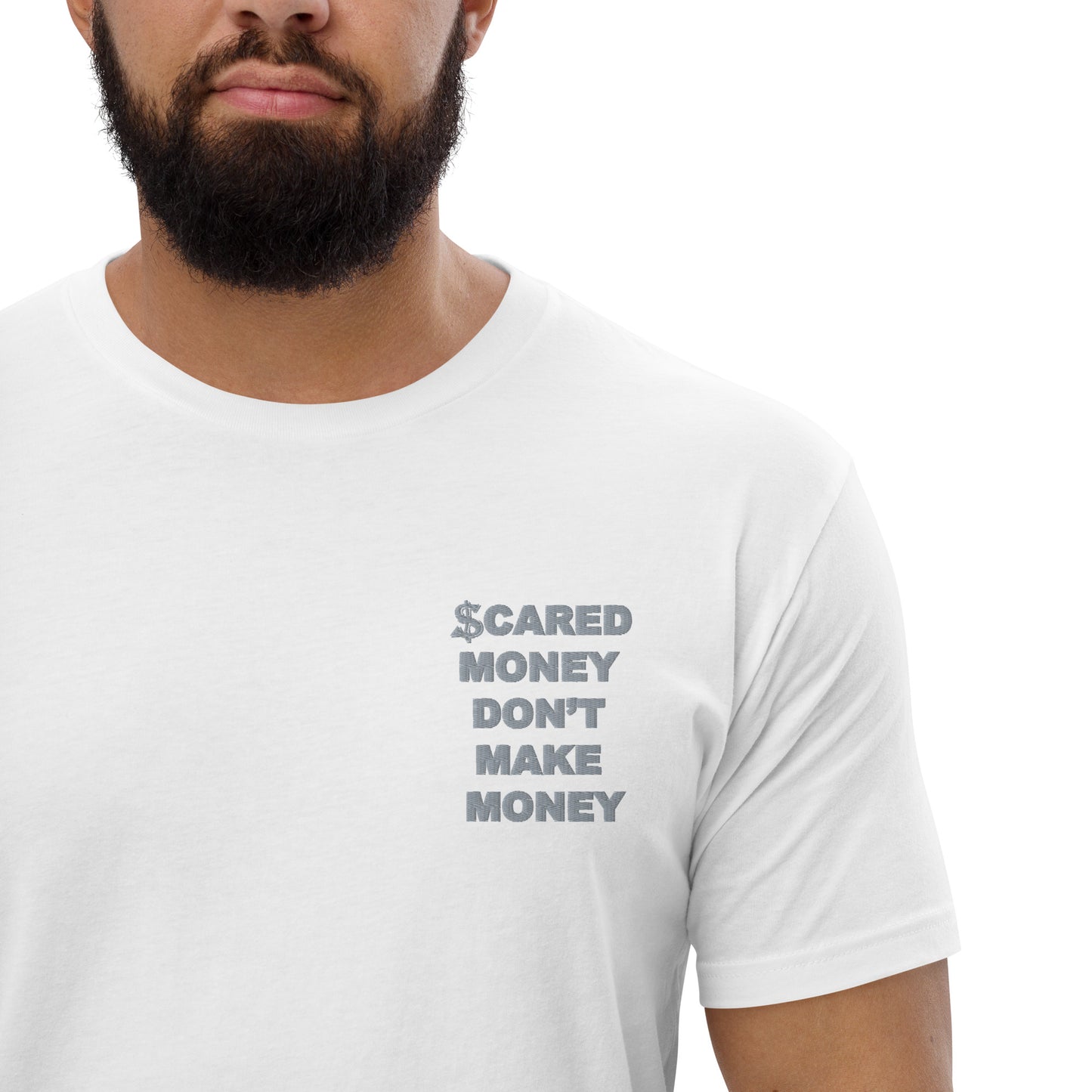 Scared Money Embroidered Form Fitting Short Sleeve T-shirt