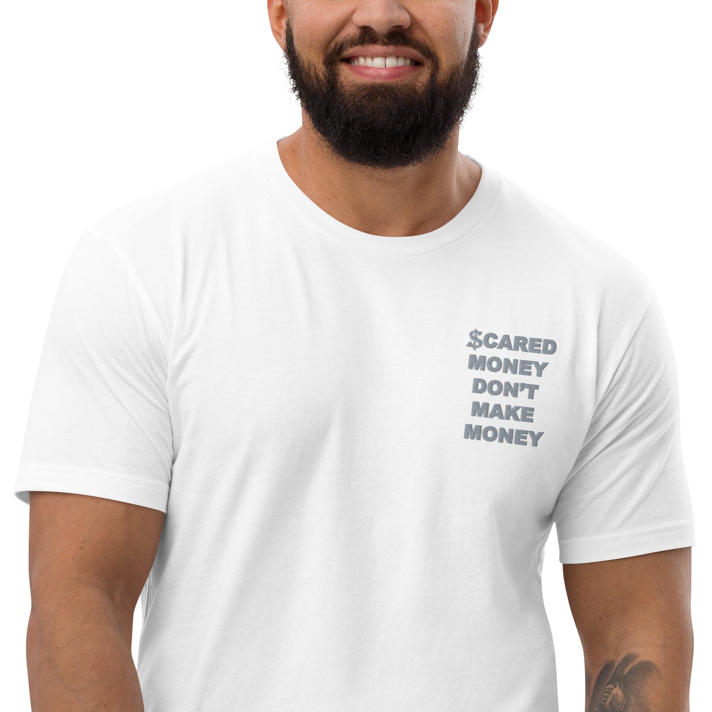 Scared Money Embroidered Form Fitting Short Sleeve T-shirt